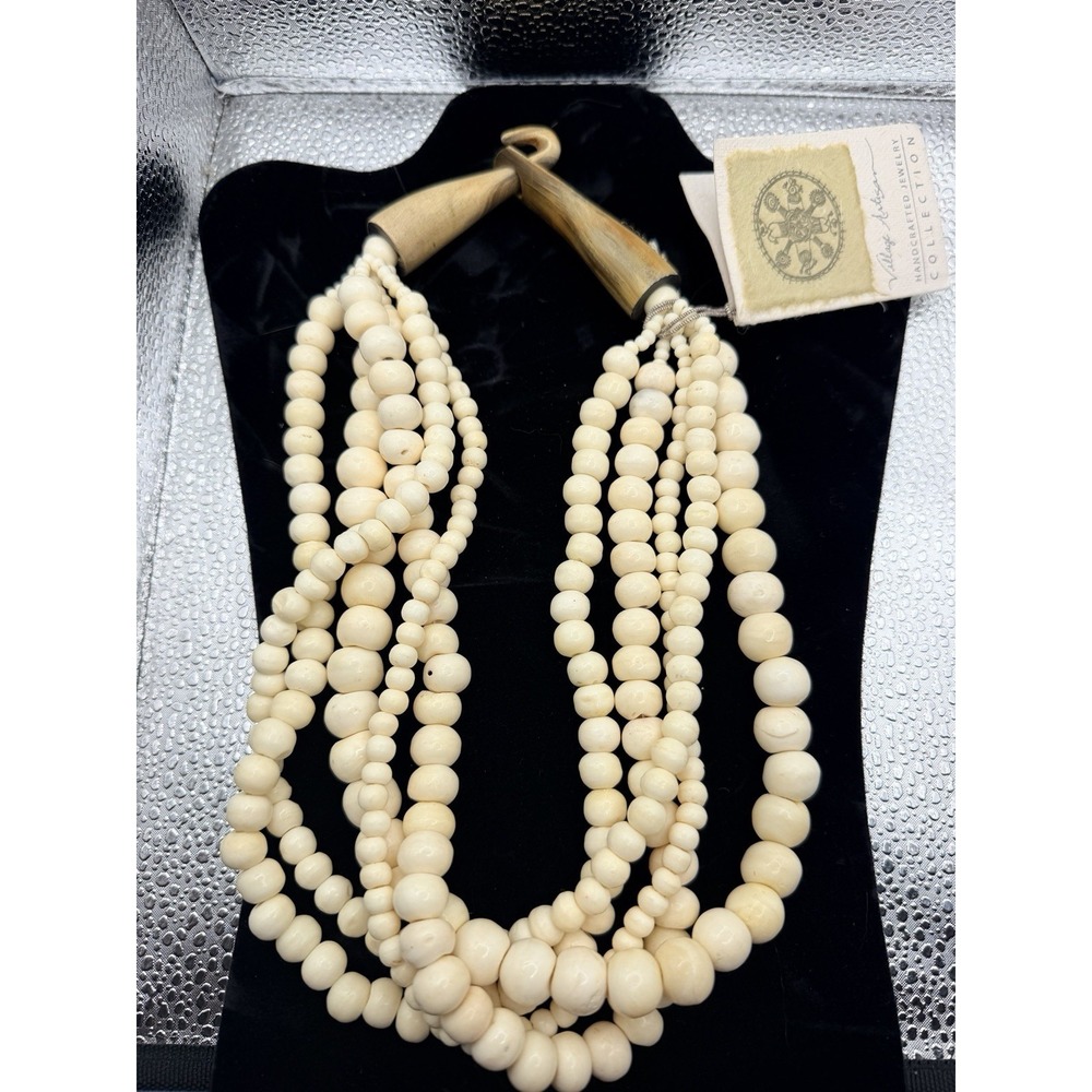 Vintage Multi Strand Bone Bead Necklace Tribal Boho Natural White Statement Hook